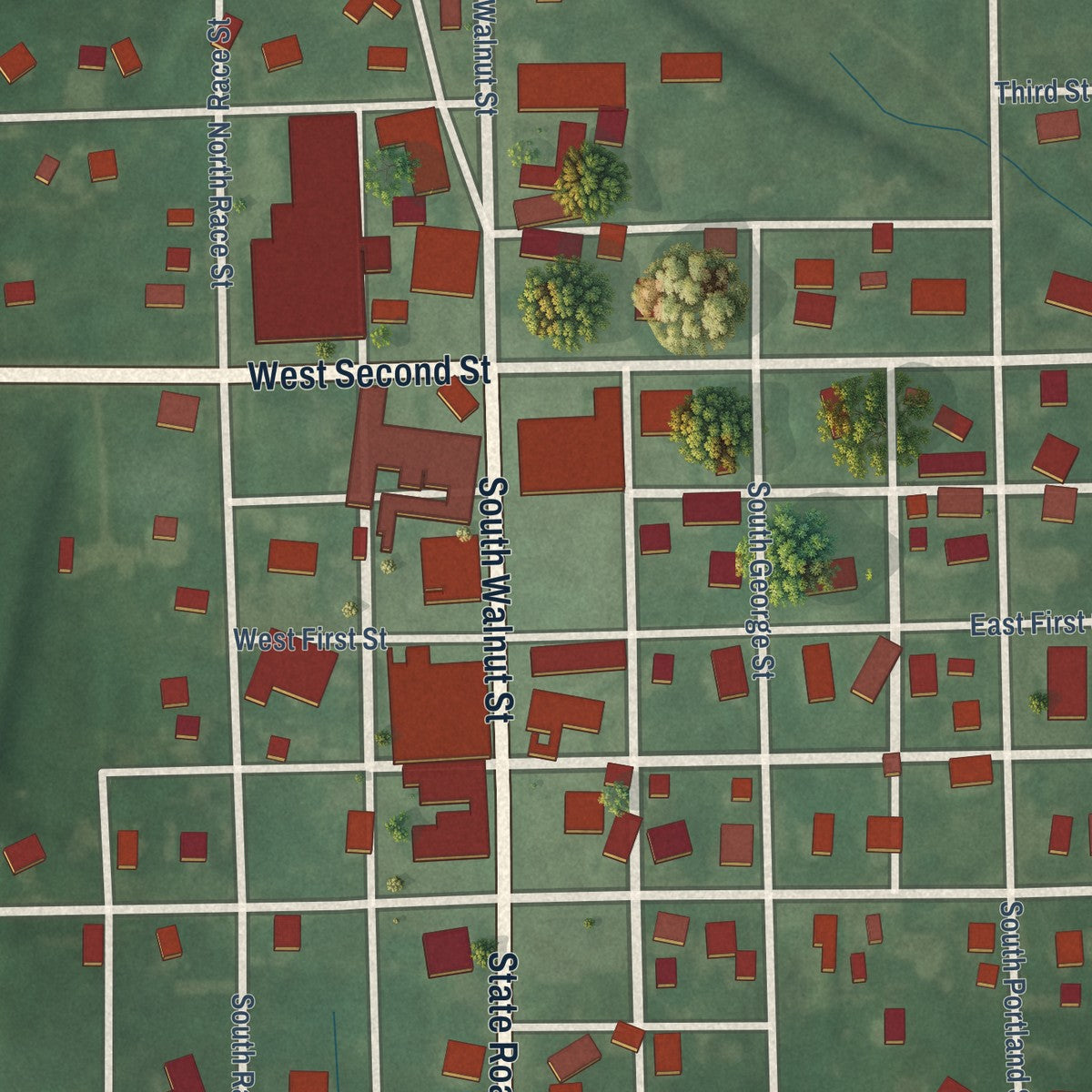 Close-up of the map of Ridgeville, Indiana print showing street and building detail