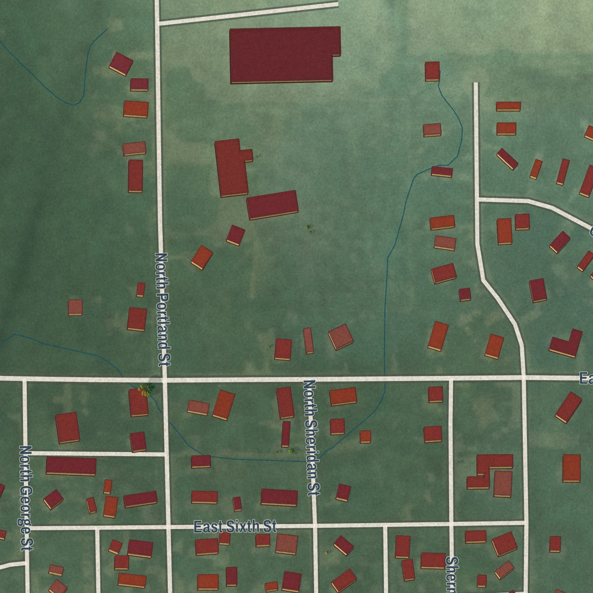 Second close-up of the map of Ridgeville, Indiana print showing more streets and buildings