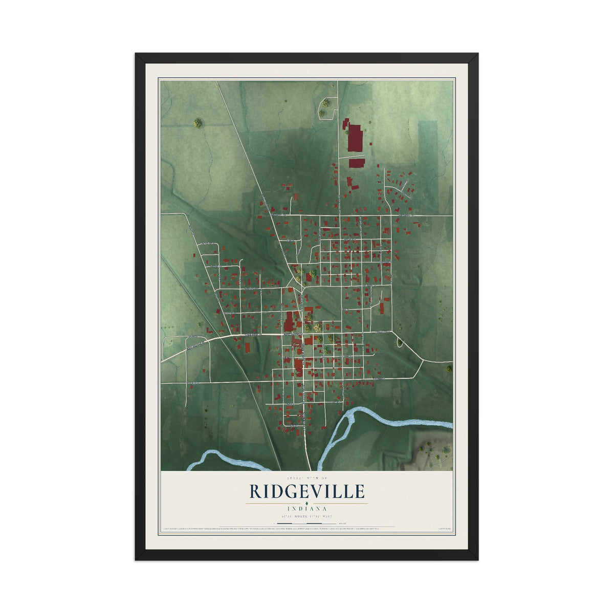 Map of Ridgeville, Indiana, 12 x 18 inch print in a black wood frame