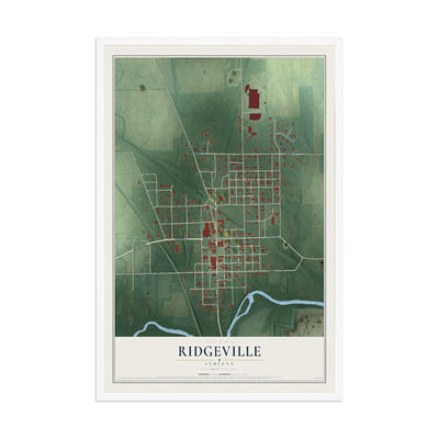 Map of Ridgeville, Indiana, 12 x 18 inch print in a white wood frame