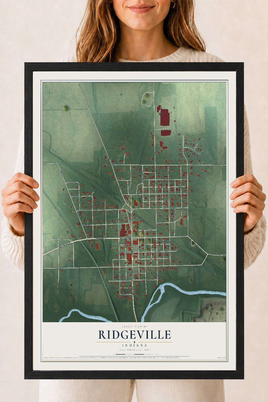Map of Ridgeville, Indiana, 18 x 24 inch print in a black wood frame