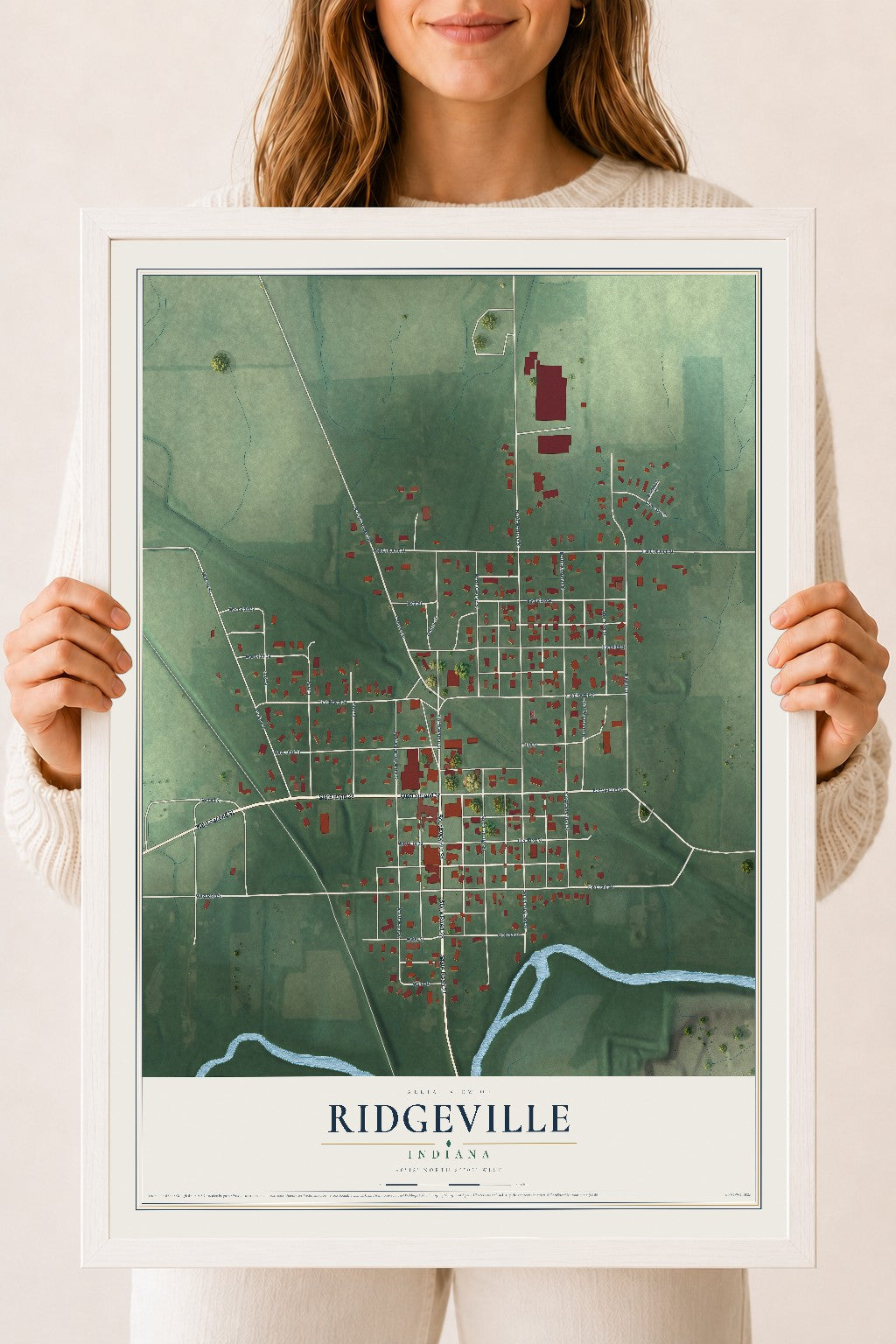 Map of Ridgeville, Indiana, 18 x 24 inch print in a white wood frame