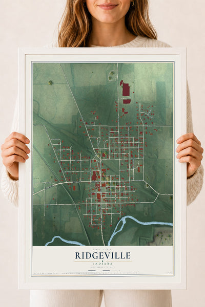 Map of Ridgeville, Indiana, 18 x 24 inch print in a white wood frame