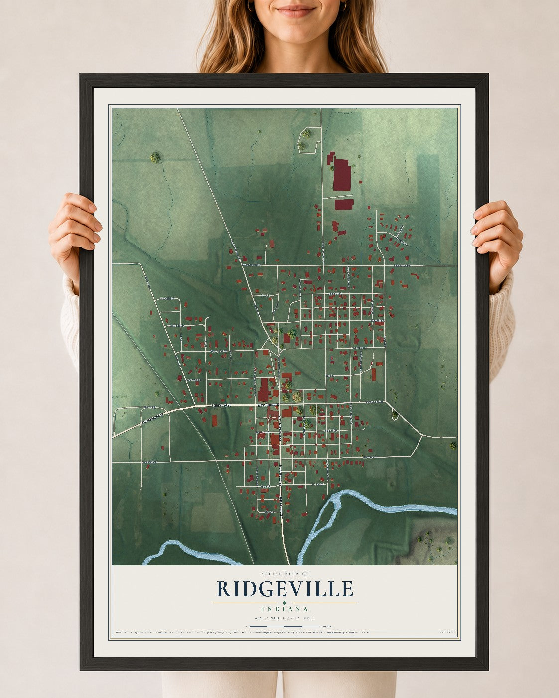 Map of Ridgeville, Indiana, 24 x 36 inch print in a black wood frame