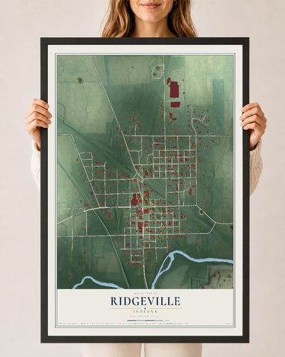 Map of Ridgeville, Indiana, 24 x 36 inch print in a black wood frame