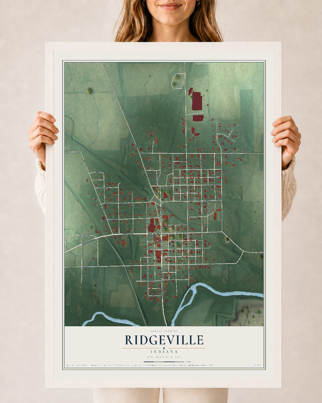 Map of Ridgeville, Indiana, 24 x 36 inch print in a white wood frame