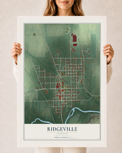 Map of Ridgeville, Indiana, 24 x 36 inch print in a white wood frame