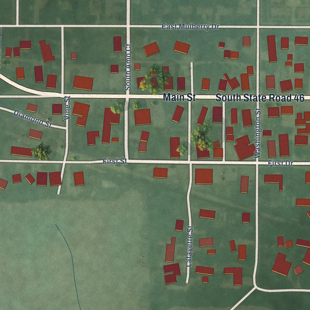 Close-up of the map of Riley, Indiana print showing street and building detail