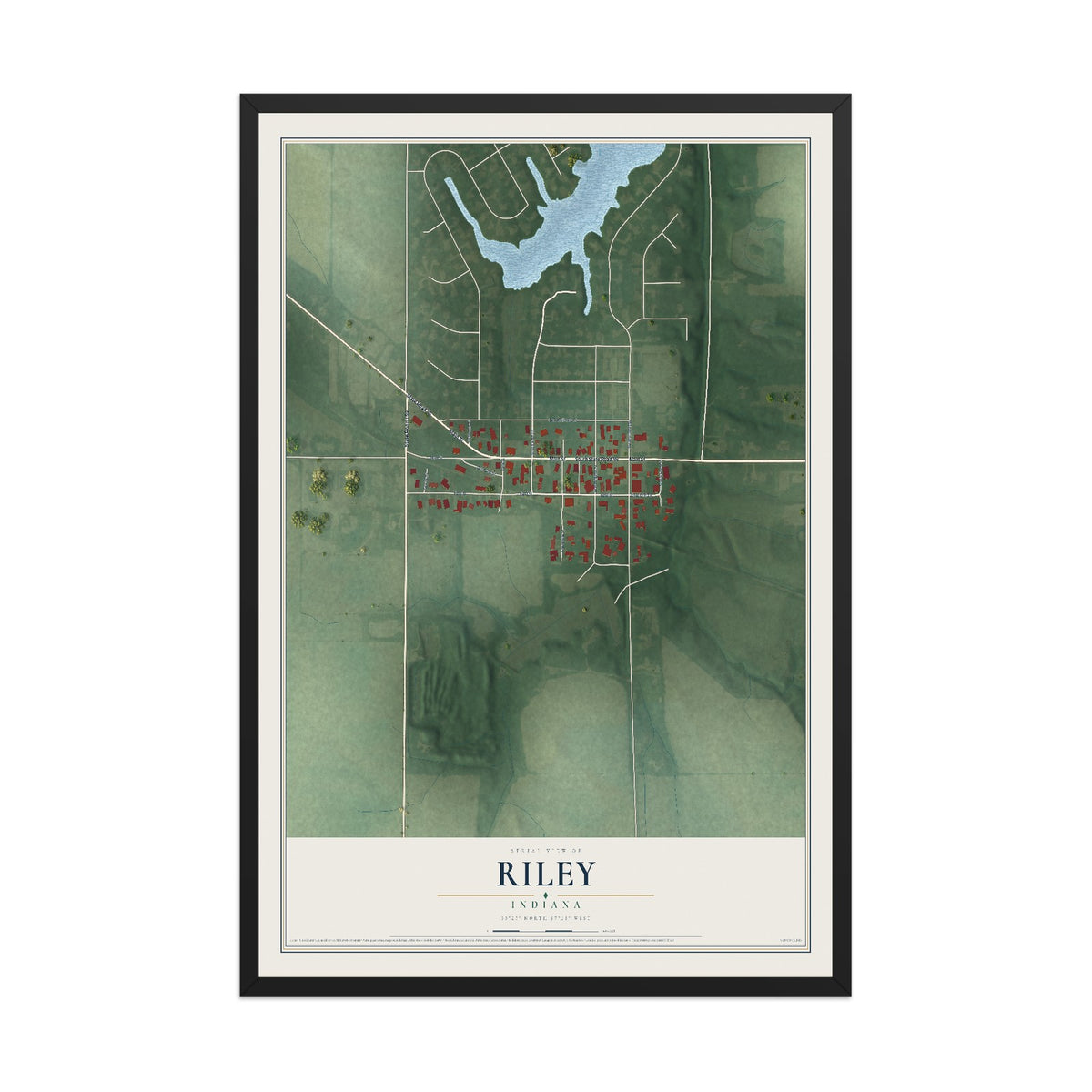 Map of Riley, Indiana, 12 x 18 inch print in a black wood frame