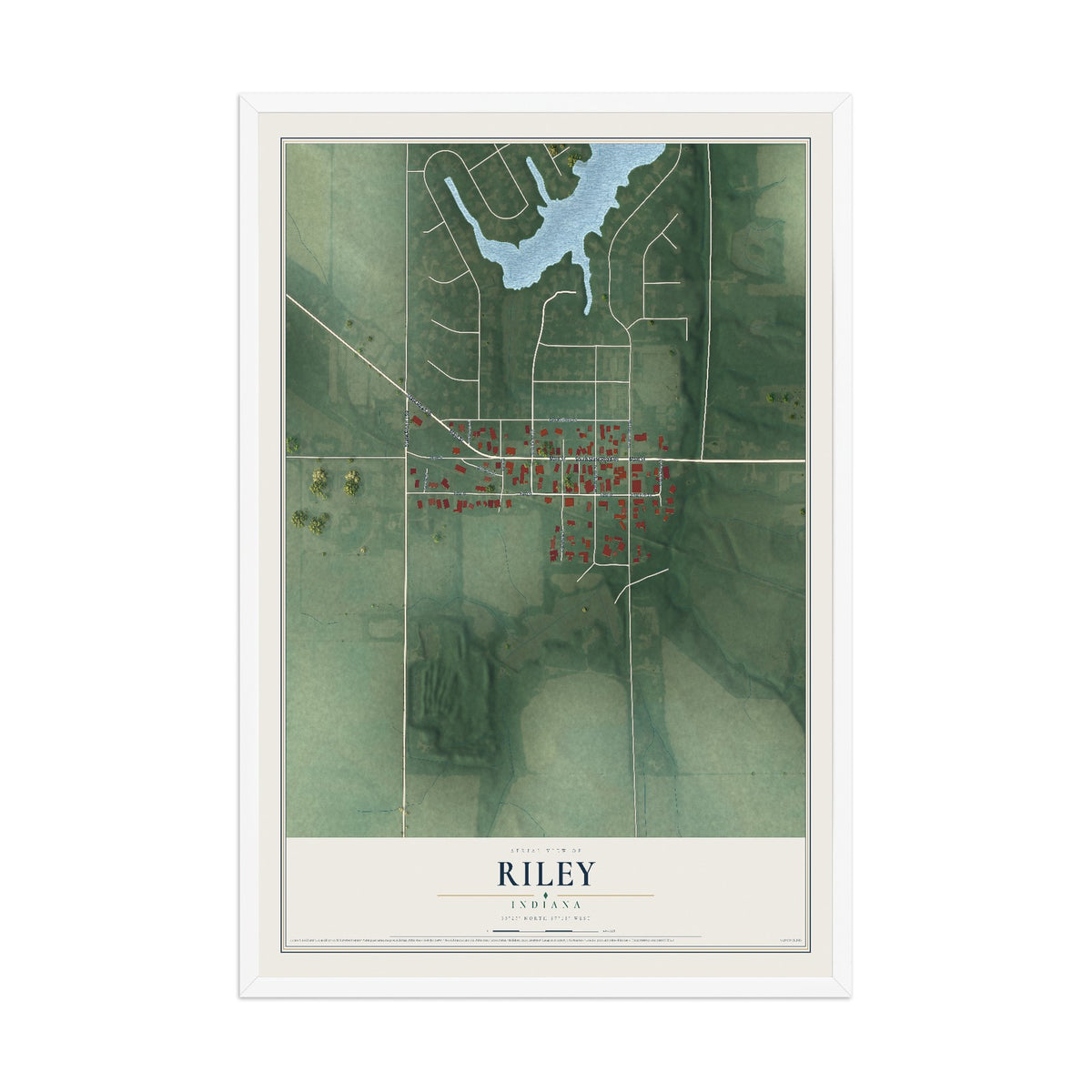 Map of Riley, Indiana, 12 x 18 inch print in a white wood frame