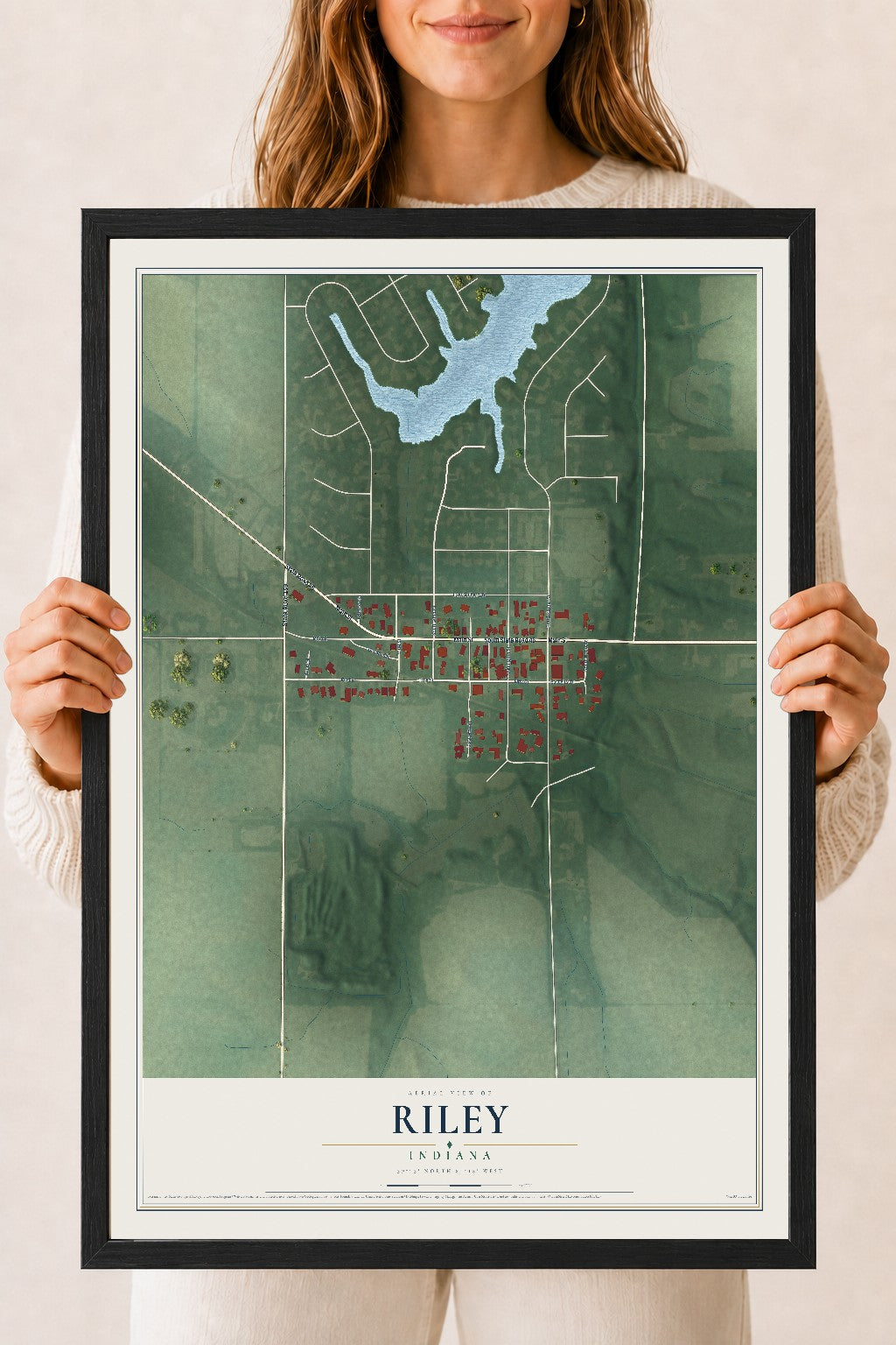 Map of Riley, Indiana, 18 x 24 inch print in a black wood frame