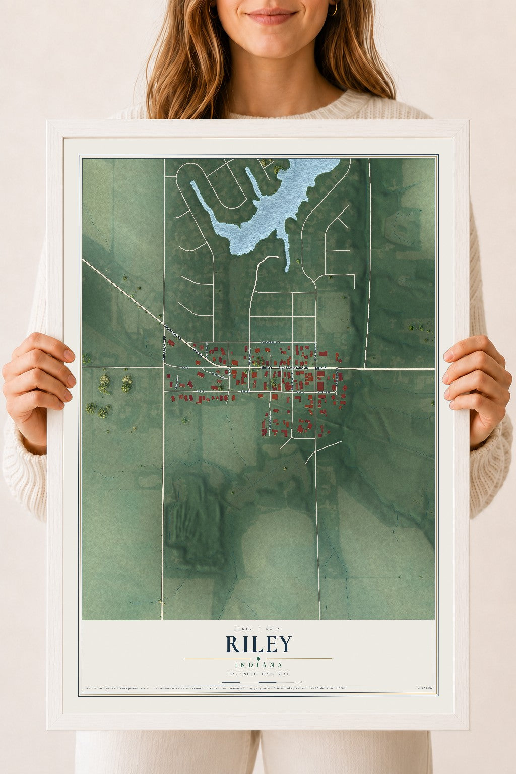 Map of Riley, Indiana, 18 x 24 inch print in a white wood frame