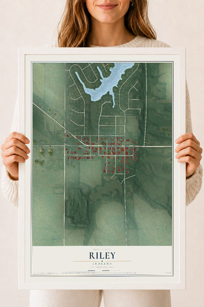 Map of Riley, Indiana, 18 x 24 inch print in a white wood frame