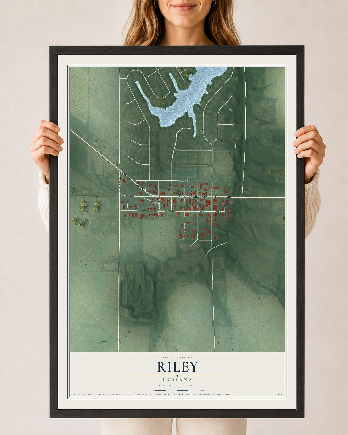 Map of Riley, Indiana, 24 x 36 inch print in a black wood frame