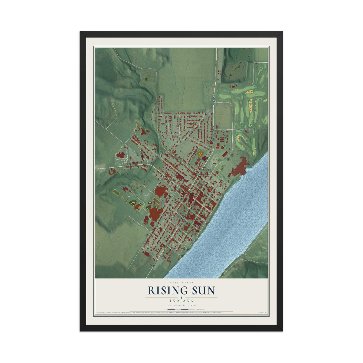 Map of Rising Sun, Indiana, 12 x 18 inch print in a black wood frame