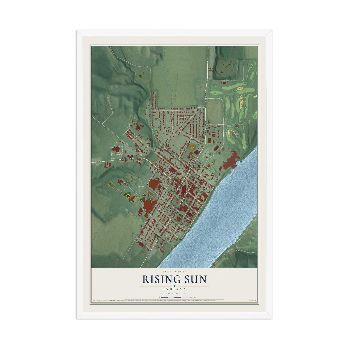 Map of Rising Sun, Indiana, 12 x 18 inch print in a white wood frame