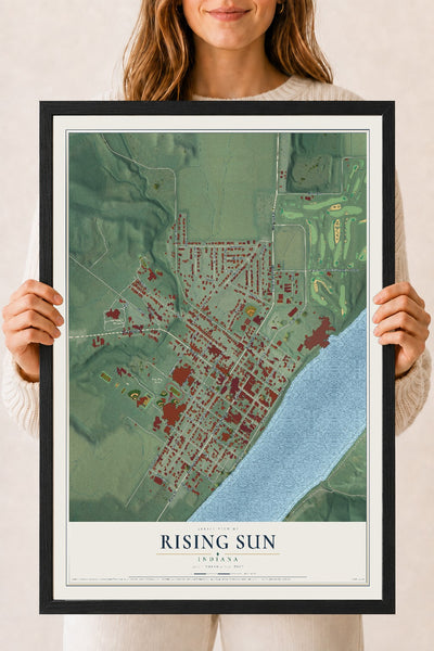Map of Rising Sun, Indiana, 18 x 24 inch print in a black wood frame
