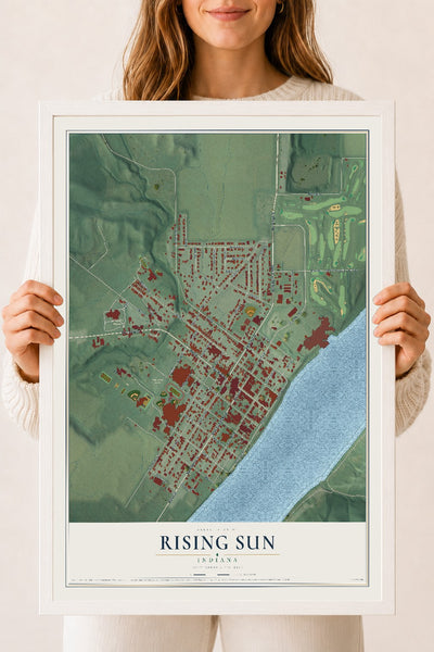 Map of Rising Sun, Indiana, 18 x 24 inch print in a white wood frame