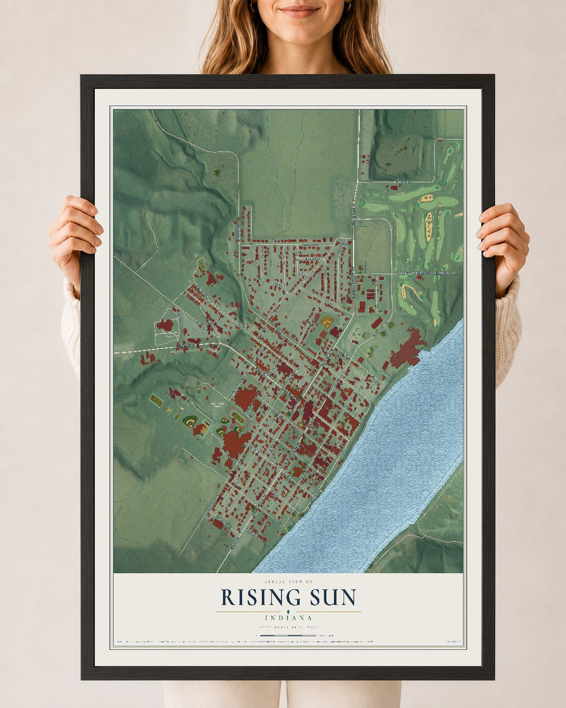 Map of Rising Sun, Indiana, 24 x 36 inch print in a black wood frame