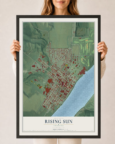 Map of Rising Sun, Indiana, 24 x 36 inch print in a black wood frame