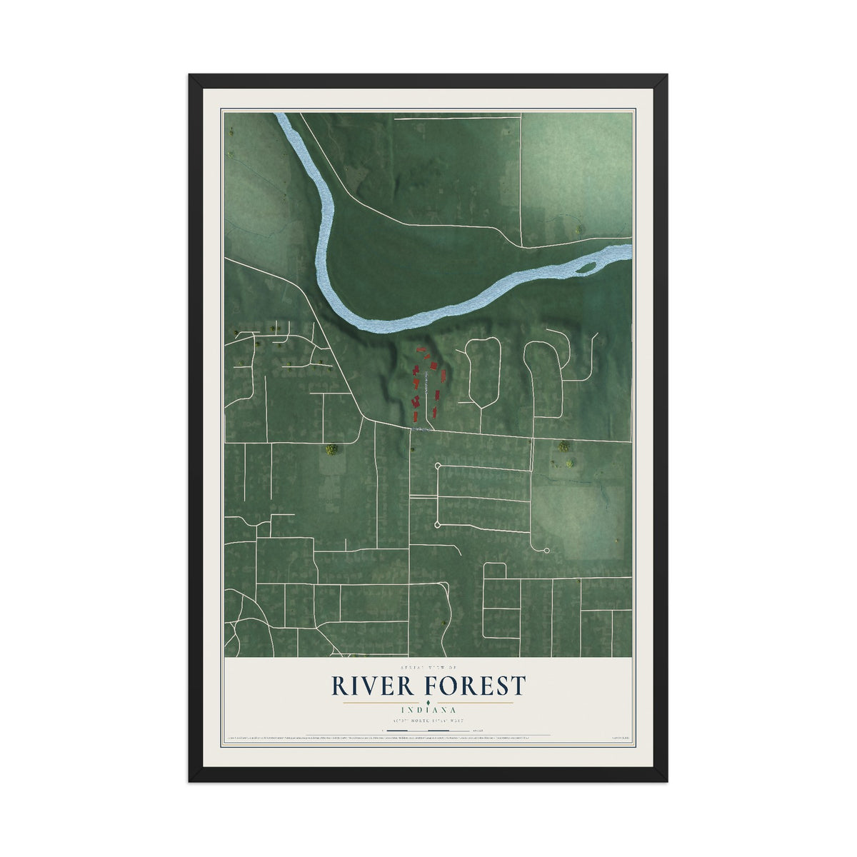 Map of River Forest, Indiana, 12 x 18 inch print in a black wood frame