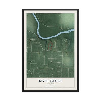 Map of River Forest, Indiana, 12 x 18 inch print in a black wood frame