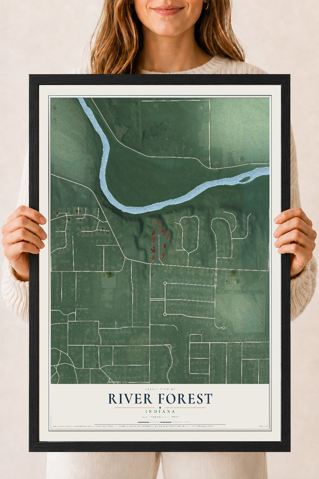 Map of River Forest, Indiana, 18 x 24 inch print in a black wood frame