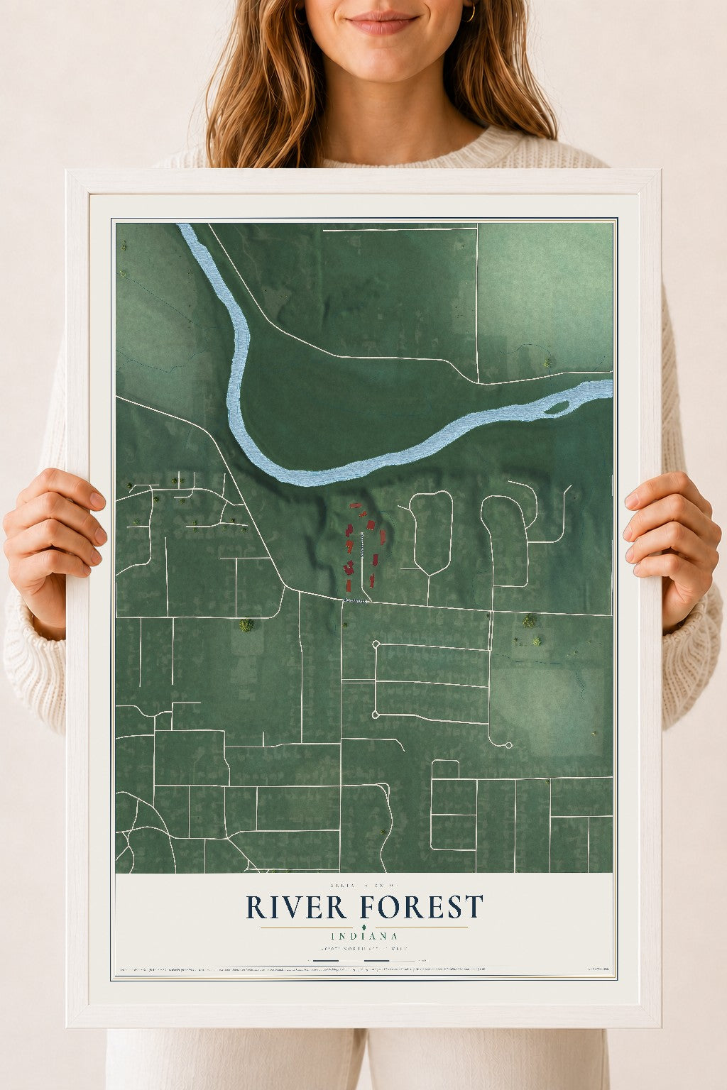 Map of River Forest, Indiana, 18 x 24 inch print in a white wood frame