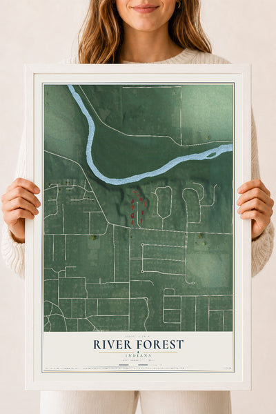 Map of River Forest, Indiana, 18 x 24 inch print in a white wood frame