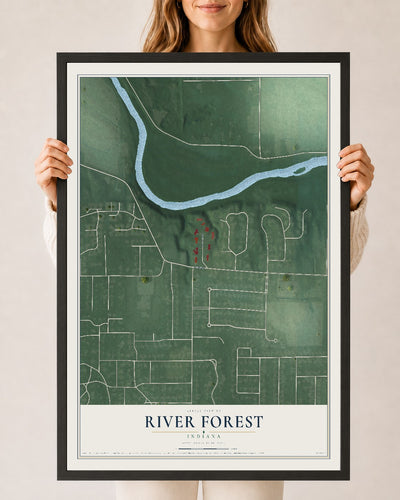 Map of River Forest, Indiana, 24 x 36 inch print in a black wood frame