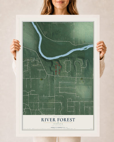 Map of River Forest, Indiana, 24 x 36 inch print in a white wood frame