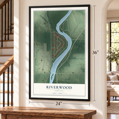 Riverwood, Indiana map, 24 x 36 inch print in a black frame by a staircase