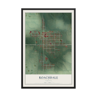 Map of Roachdale, Indiana, 12 x 18 inch print in a black wood frame