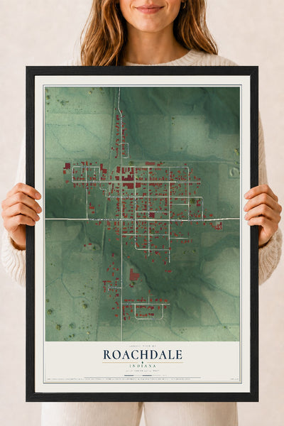 Map of Roachdale, Indiana, 18 x 24 inch print in a black wood frame