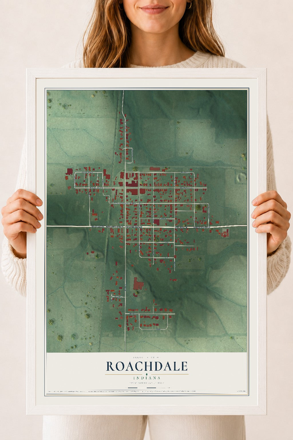Map of Roachdale, Indiana, 18 x 24 inch print in a white wood frame