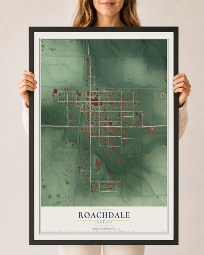 Map of Roachdale, Indiana, 24 x 36 inch print in a black wood frame