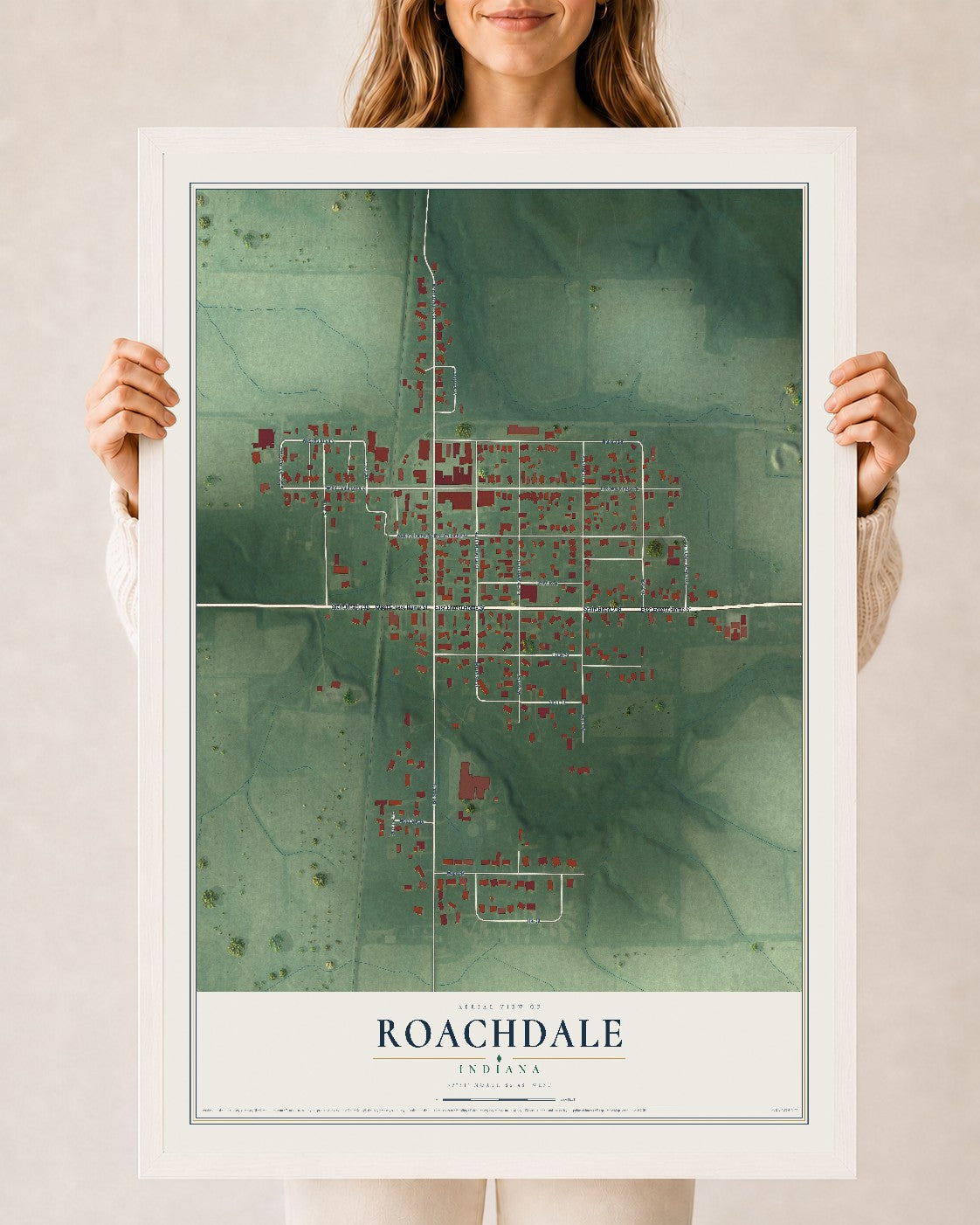 Map of Roachdale, Indiana, 24 x 36 inch print in a white wood frame