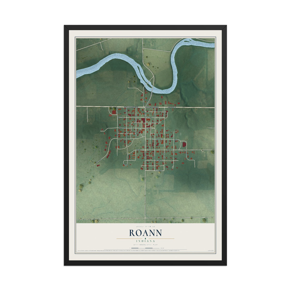 Map of Roann, Indiana, 12 x 18 inch print in a black wood frame