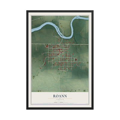 Map of Roann, Indiana, 12 x 18 inch print in a black wood frame