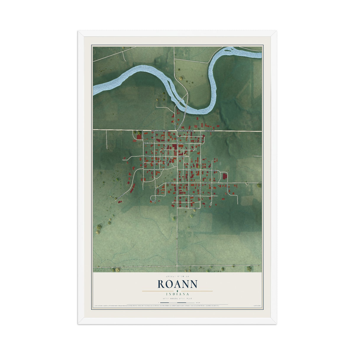 Map of Roann, Indiana, 12 x 18 inch print in a white wood frame