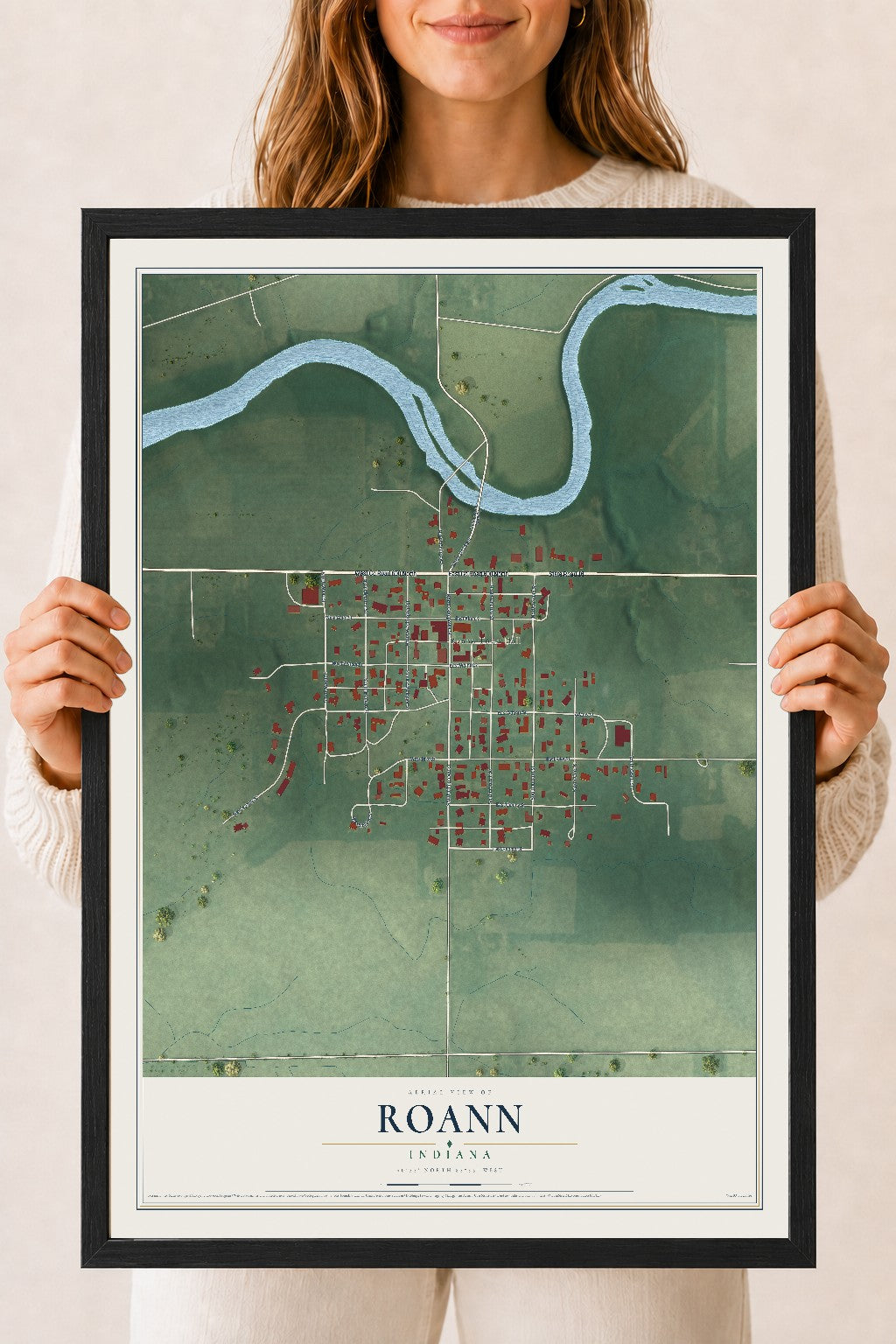 Map of Roann, Indiana, 18 x 24 inch print in a black wood frame