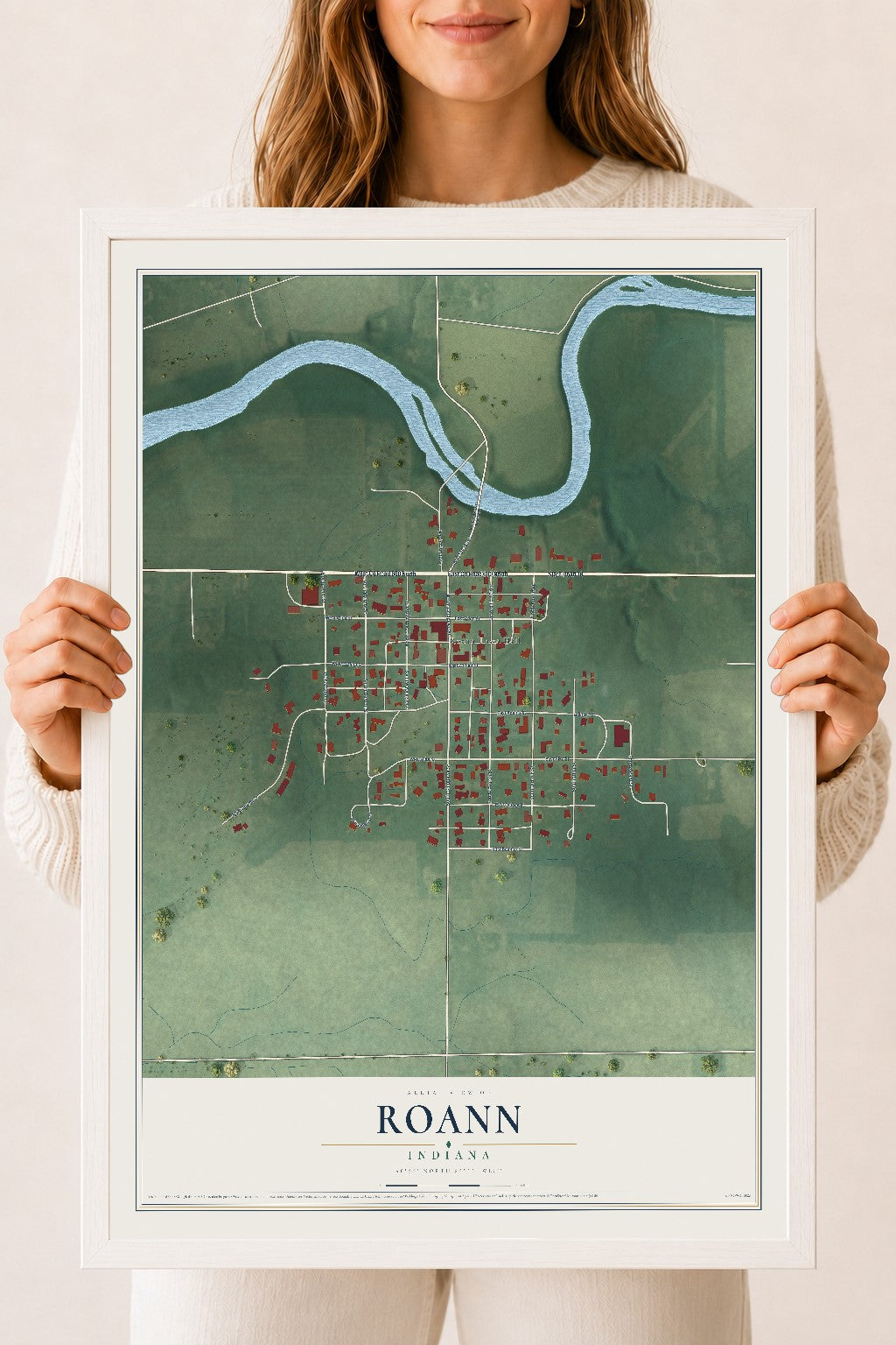 Map of Roann, Indiana, 18 x 24 inch print in a white wood frame