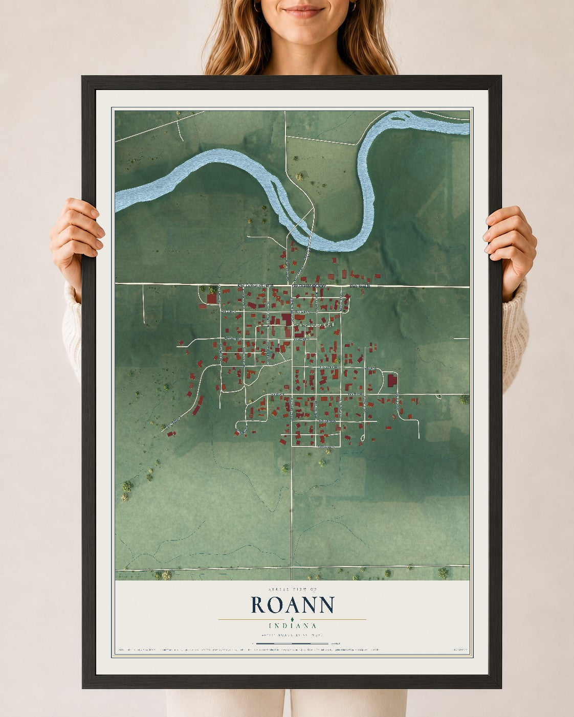 Map of Roann, Indiana, 24 x 36 inch print in a black wood frame