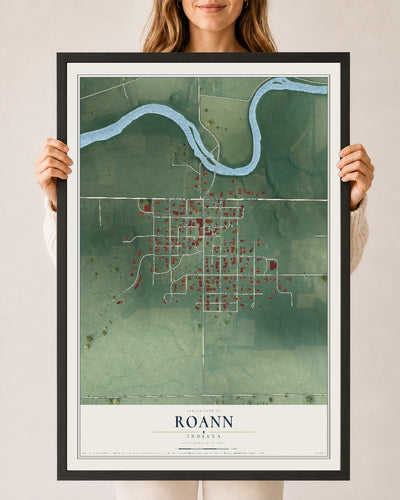 Map of Roann, Indiana, 24 x 36 inch print in a black wood frame