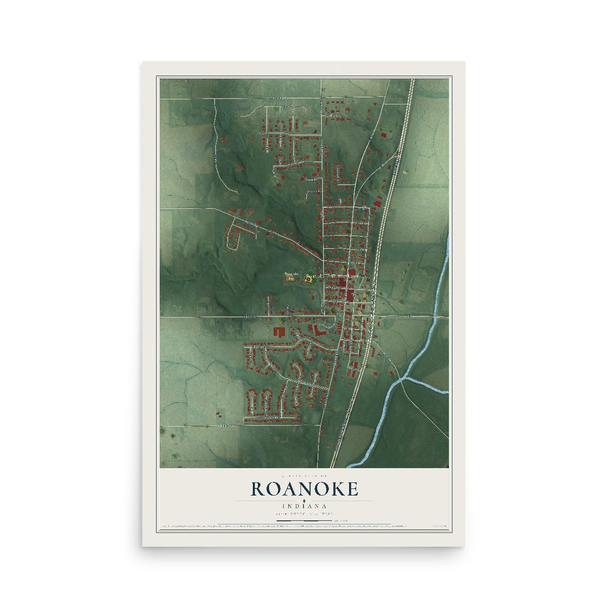 Map of Roanoke, Indiana, 12 x 18 inch unframed archival matte print