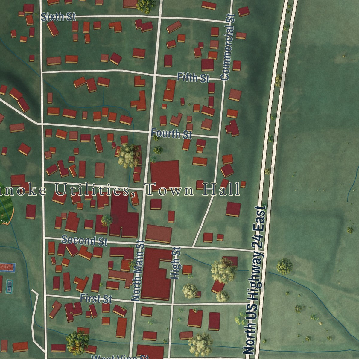 Close-up of the map of Roanoke, Indiana print showing street and building detail