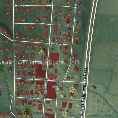 Close-up of the map of Roanoke, Indiana print showing street and building detail