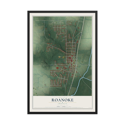 Map of Roanoke, Indiana, 12 x 18 inch print in a black wood frame