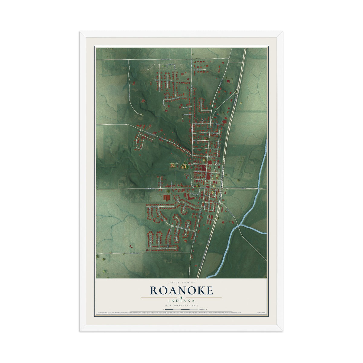 Map of Roanoke, Indiana, 12 x 18 inch print in a white wood frame
