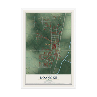 Map of Roanoke, Indiana, 12 x 18 inch print in a white wood frame